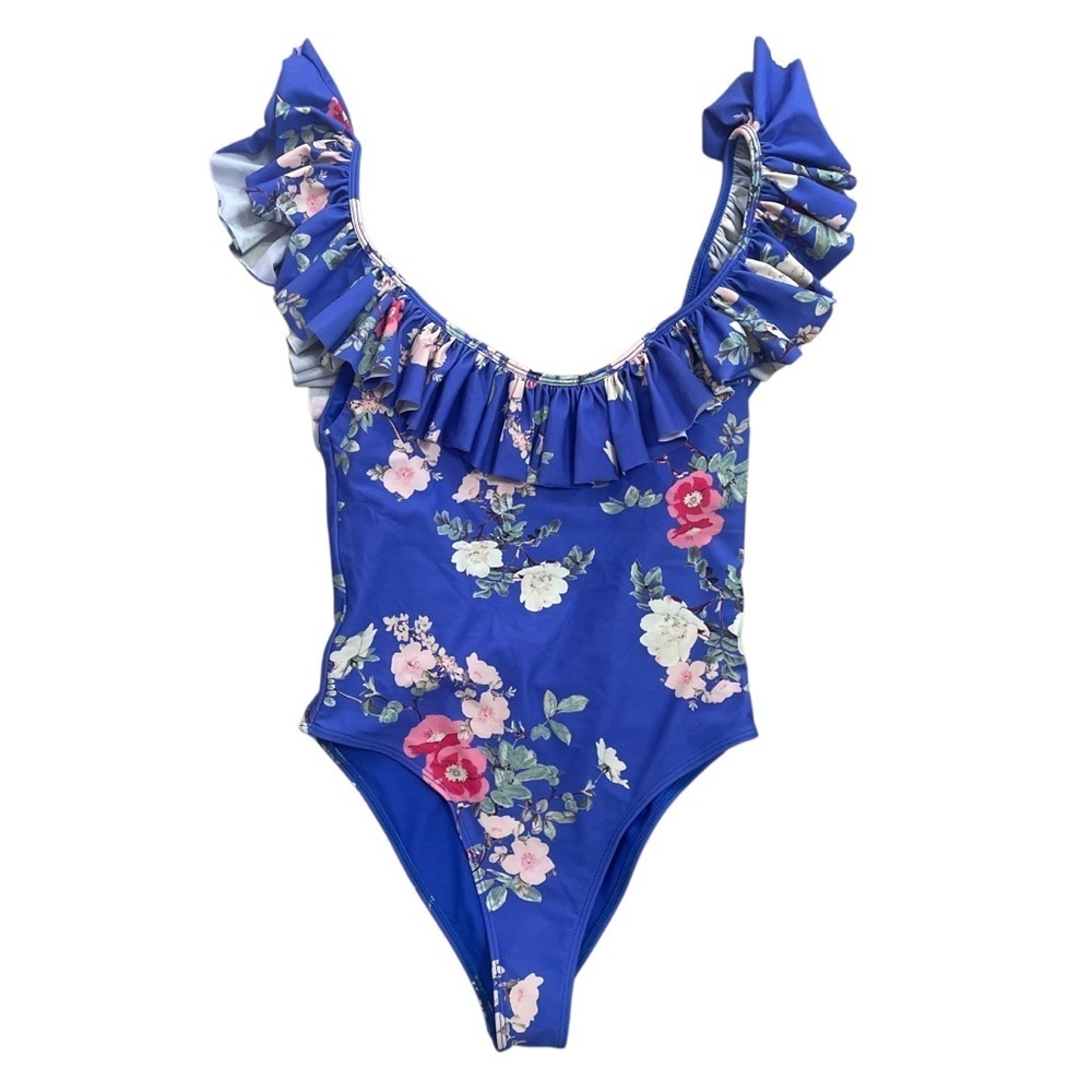 Lovers + Friends Flutter By One Piece Swimsuit Ruffle Floral Blue Size Small - Picture 8 of 9